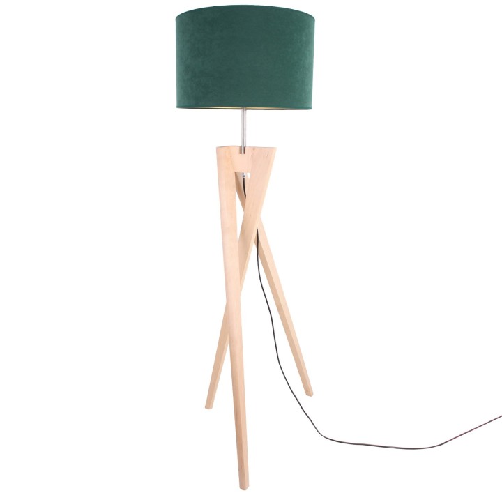 Lampa podłogowa trójnóg z olchy – abażur butelkowa zieleń